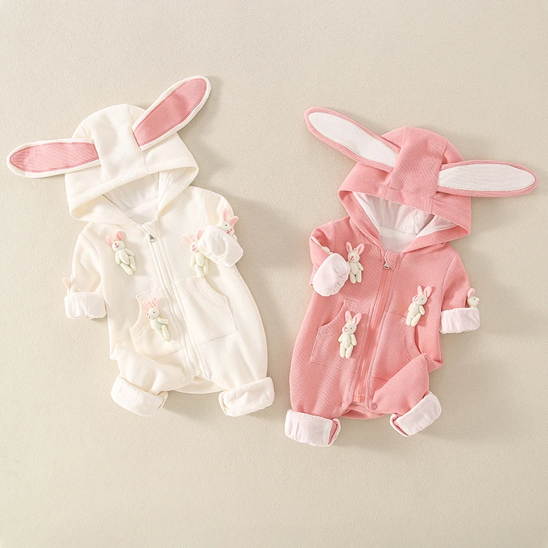 婴儿衣服洋气兔耳朵公主连体衣春装女宝宝满月外出哈衣连帽爬服秋