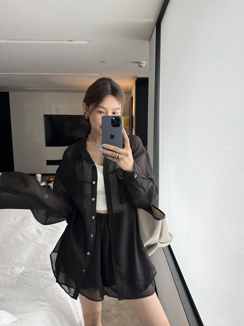 YANGLE_休闲套装女2024夏新款凉感细闪防晒天丝衬衫/短裤懒人套装