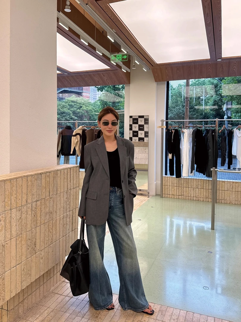 YANGLE_阔腿牛仔裤女2025年新款春季宽松休闲高腰全棉微喇拖地裤