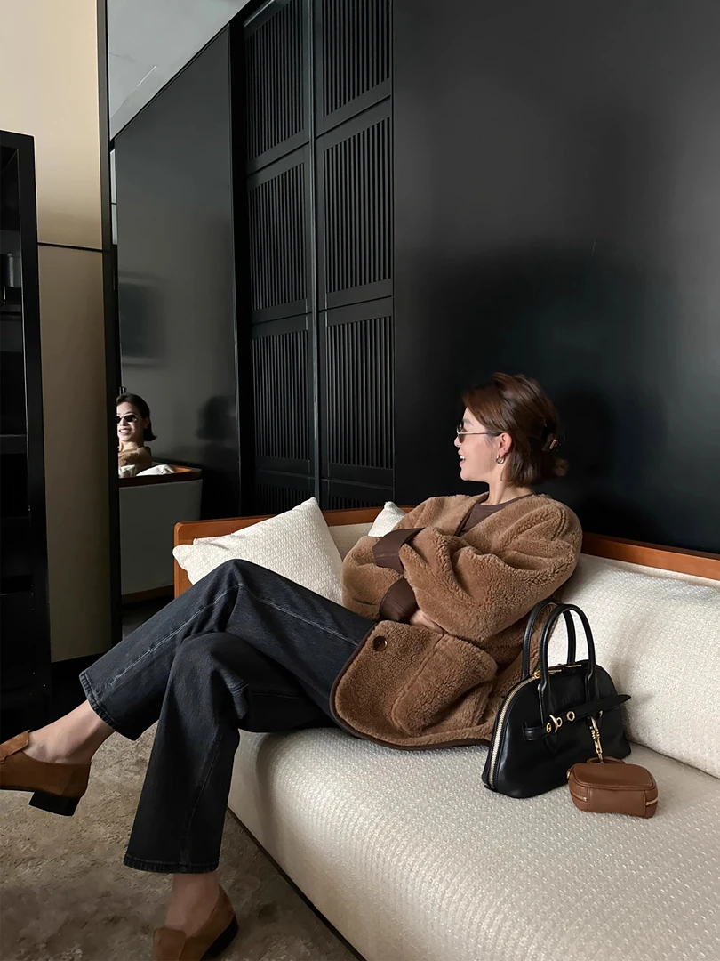 YANGLE_毛毛外套女冬季宽松慵懒高级感2025新款时尚气质环保皮草