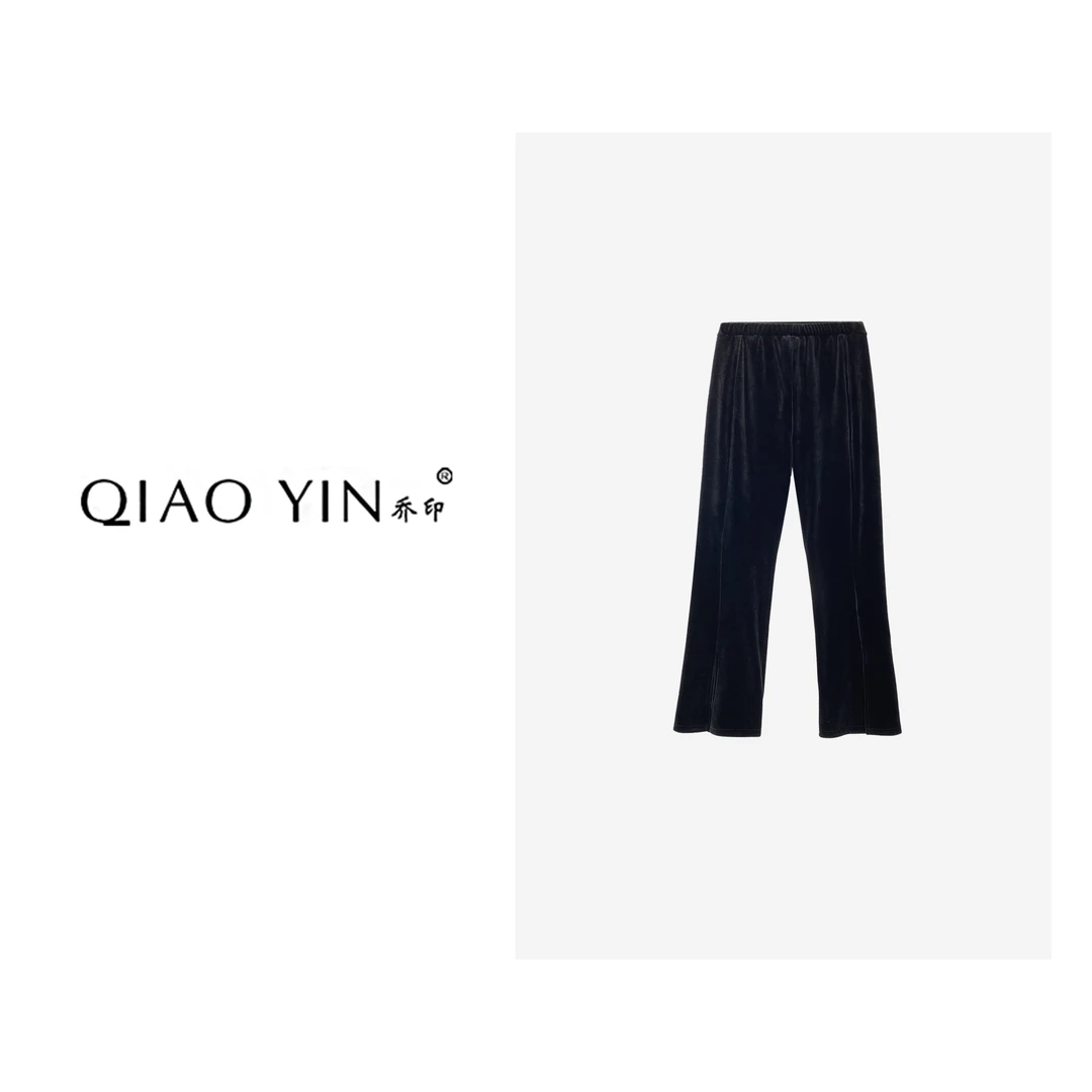乔印2023秋冬新款时尚洋气宽松显瘦黑色开叉丝绒裤休闲裤QY23482
