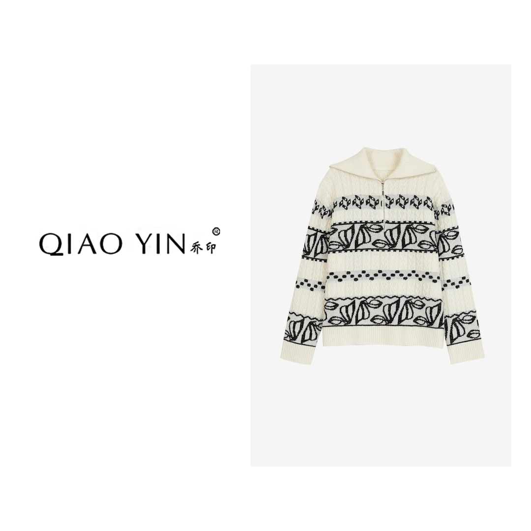QIAO YIN”设计点毛衣“长袖针织时尚宽松高领提花套头QY26187