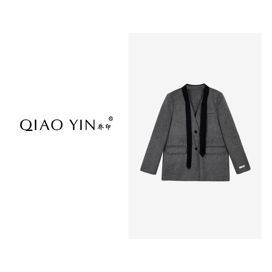 乔印2023秋冬新款时尚洋气宽松气质小众设计经典毛呢外套QY23288
