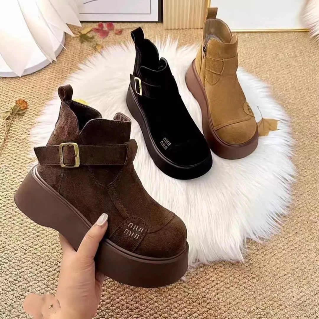 皮带扣翻毛马丁靴2024冬季新款加绒保暖百搭松糕厚底勃肯短靴女靴