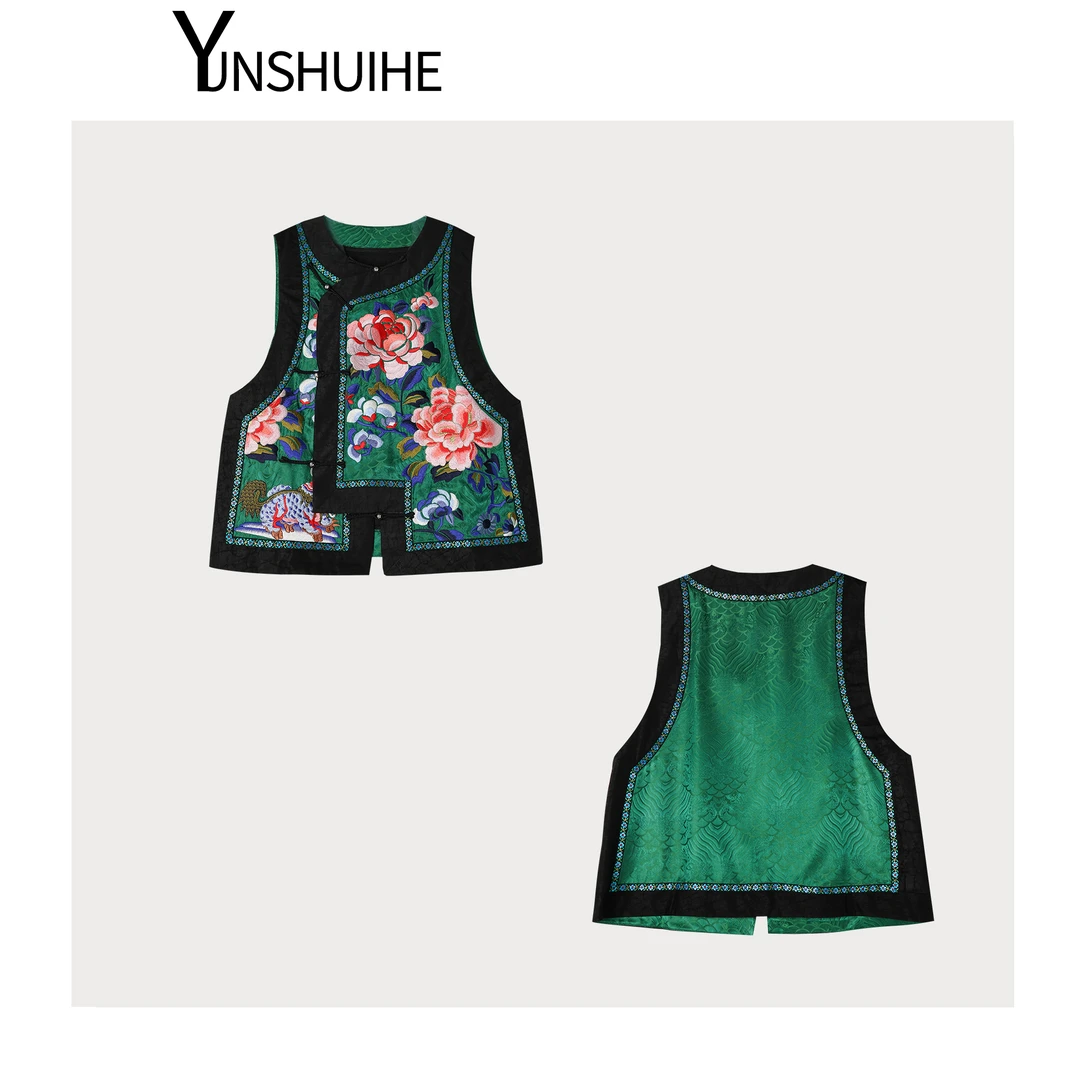 YUNSHUIHE/云水禾【翠绿牡丹】新中式国风斜襟真丝刺绣马甲-CY24063