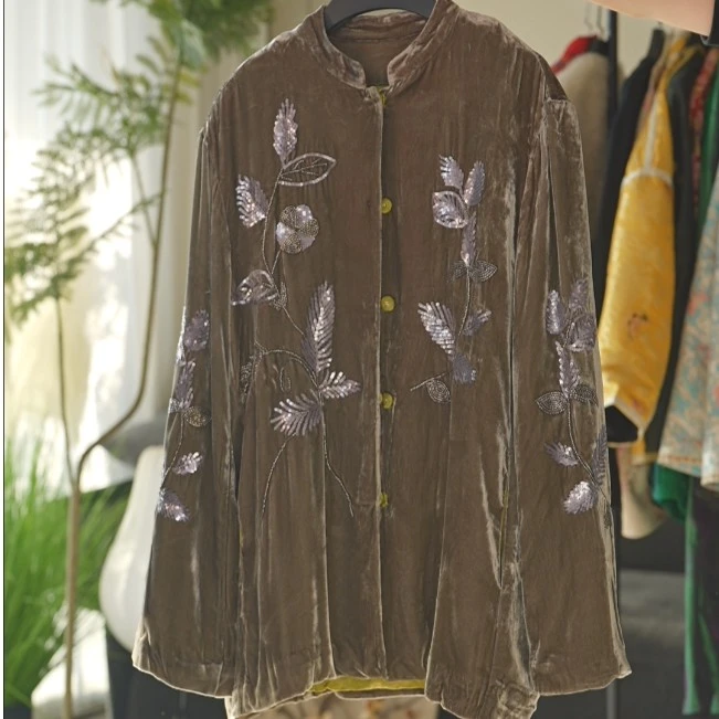 YUNSHUIHE/云水禾“”新中式国风蚕丝丝绒钉珠高级感短外套