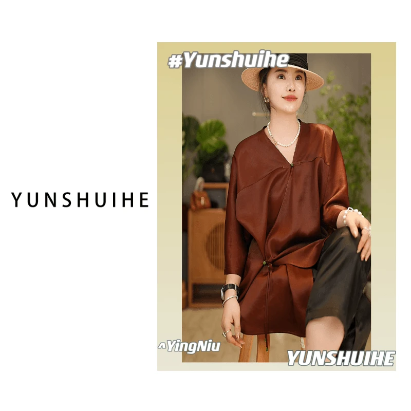 YUNSHUIHE/云水禾复古国风重磅桑蚕丝老料红云纱提花衬衫HY23001