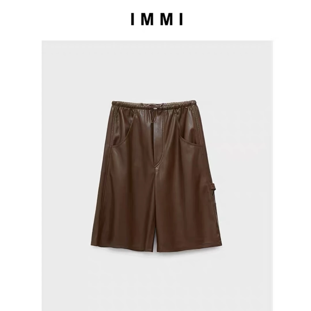【IMMI】23夏季新品PU橡筋腰工装中裤131SP052X女装短裤高腰时尚