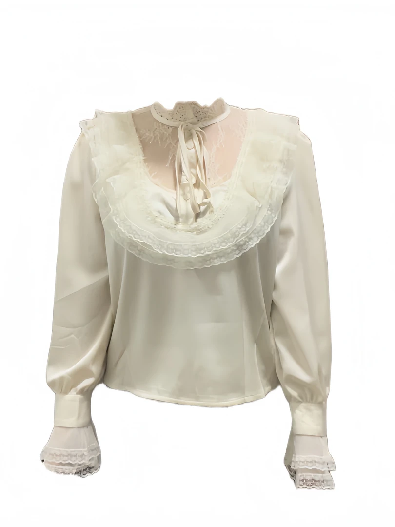 大码时尚气质蕾丝拼接长袖衬衫女胖mm显瘦设计感荷叶边别致上衣