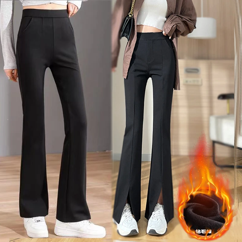 九分/长裤任选 加绒保暖大码显瘦高腰弹力时尚微喇裤黑色微喇叭