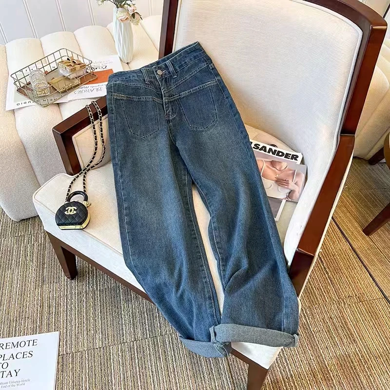 直筒休闲牛仔裤女秋季裤子 2023年新款高腰宽松窄版百搭阔腿裤