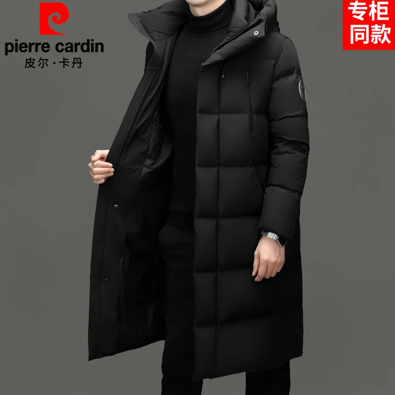皮尔卡丹冬季新款连帽羽绒服男士长款过膝高端鸭绒厚款保暖外套男