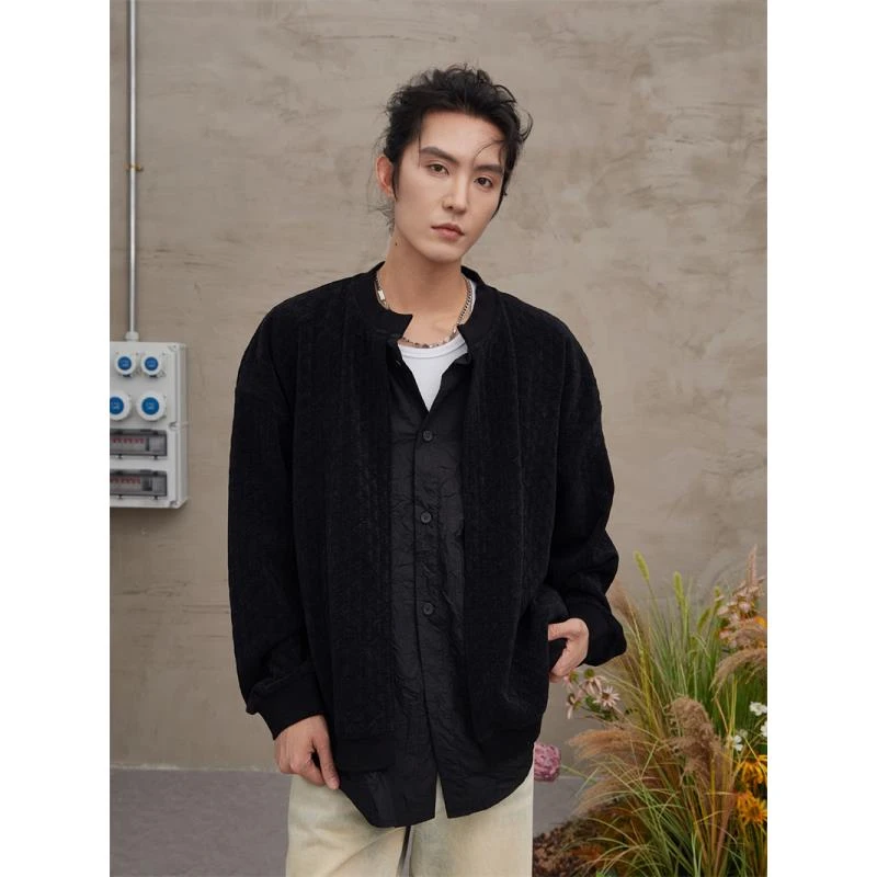 YF秋季新款格纹提花拼接假两件复古简约国潮宽松百搭长袖