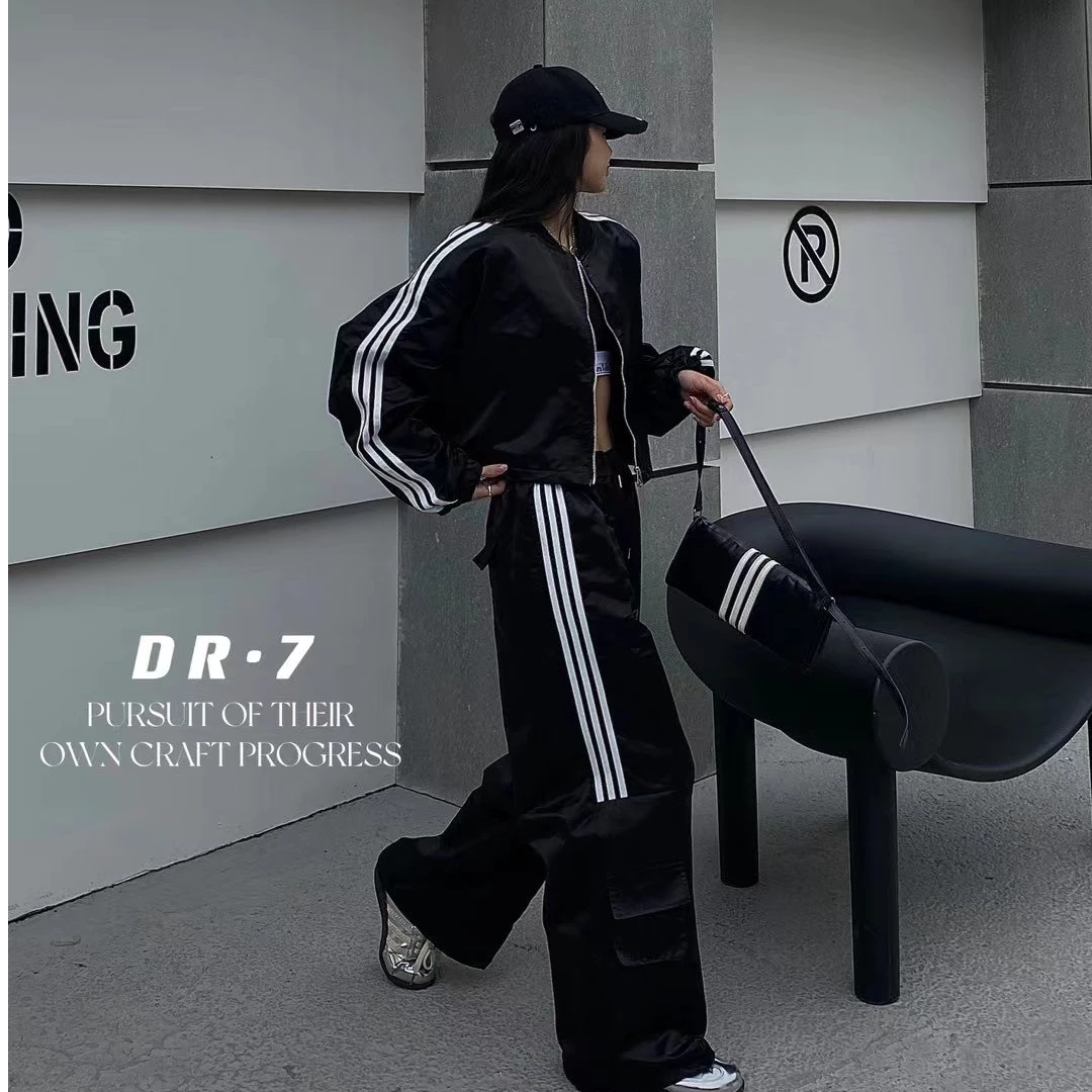 黑白条纹美式工装裤新款宽松显瘦阔腿裤垂感百搭休闲裤