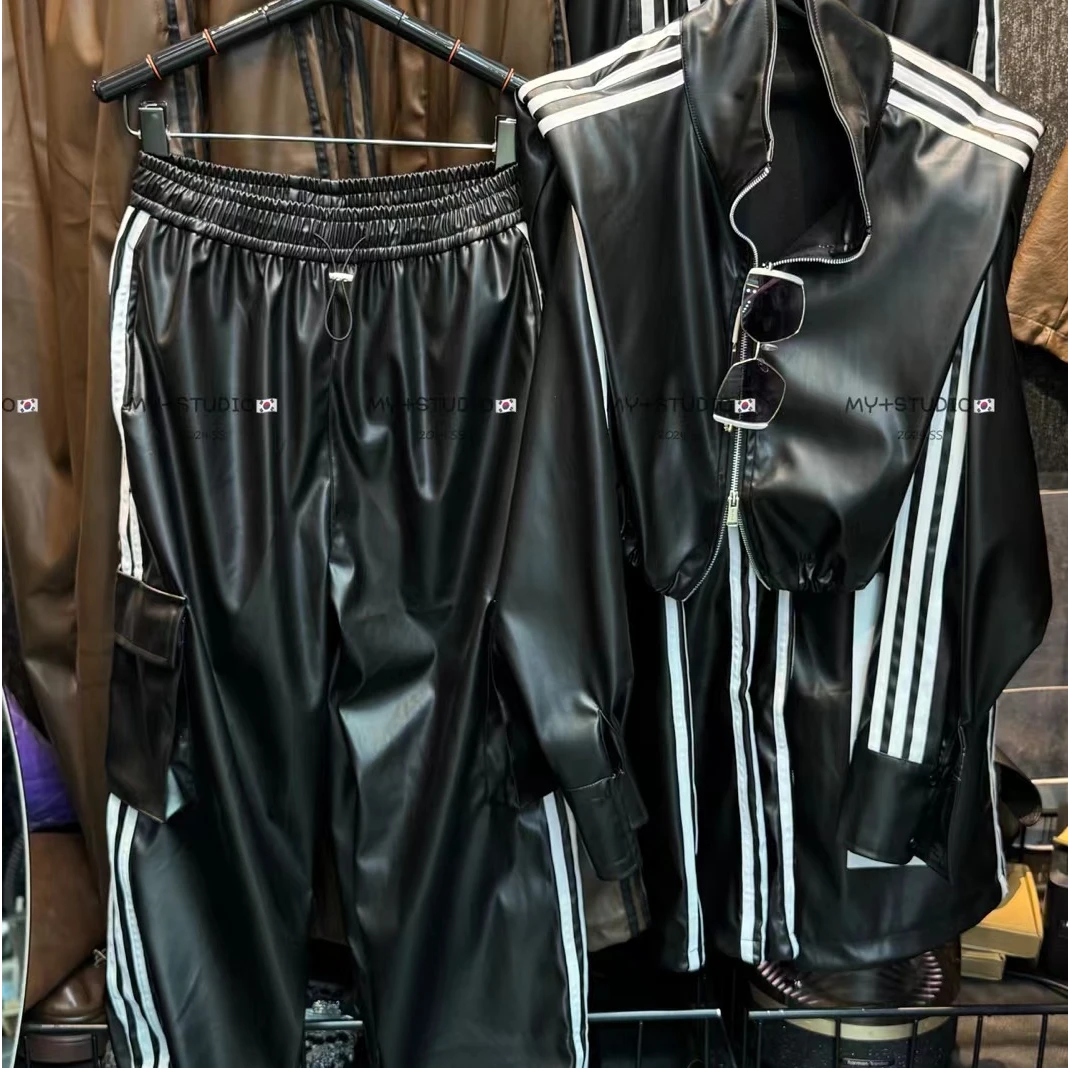 新款运动工装裤皮裤绵中高腰宽松上衣显瘦大口袋套装休闲裤子