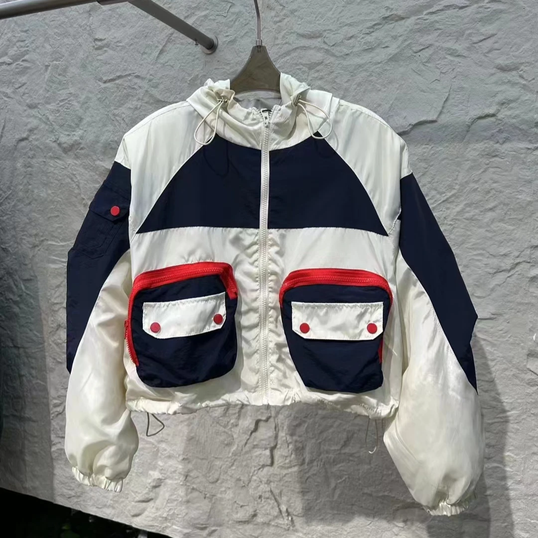 2024秋季新款美式复古撞色口袋短款外套女洋气休闲拉链上衣