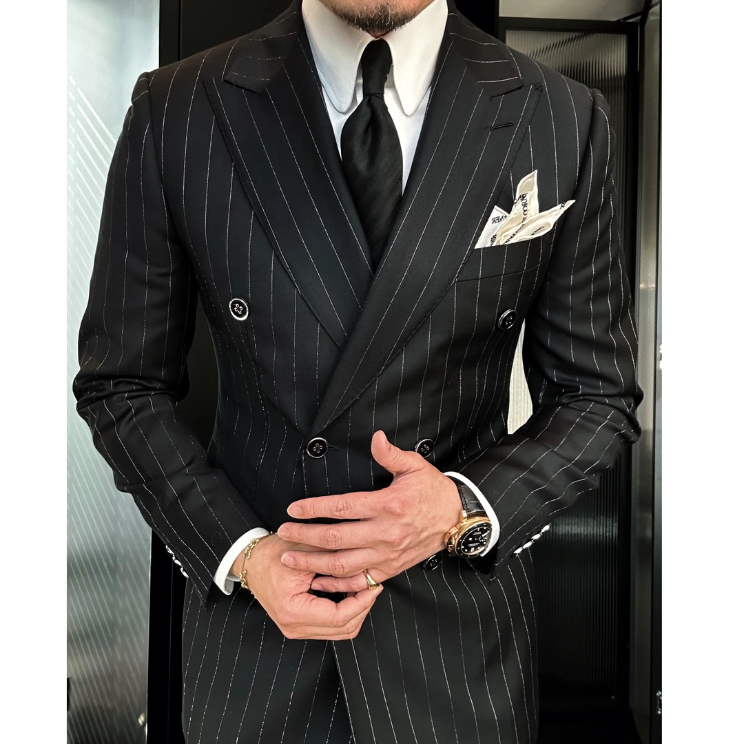 DRUNKCORNER｜黑标｜双排枪驳领银线西服套装#9991春秋修身双排扣