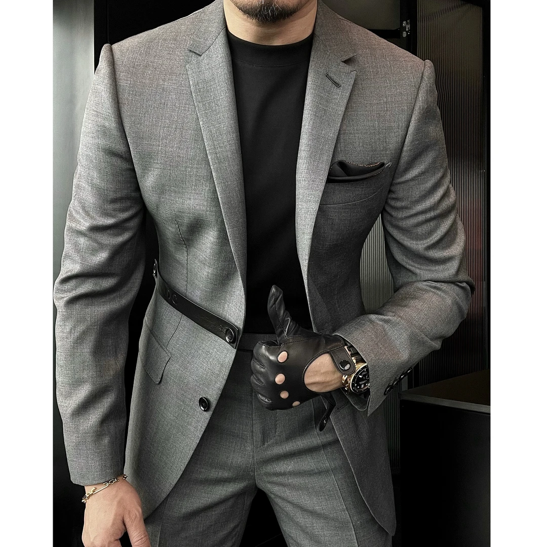 DRUNKCORNER窄平驳领时尚手工西服套装（灰色）#9989百搭帅气英伦