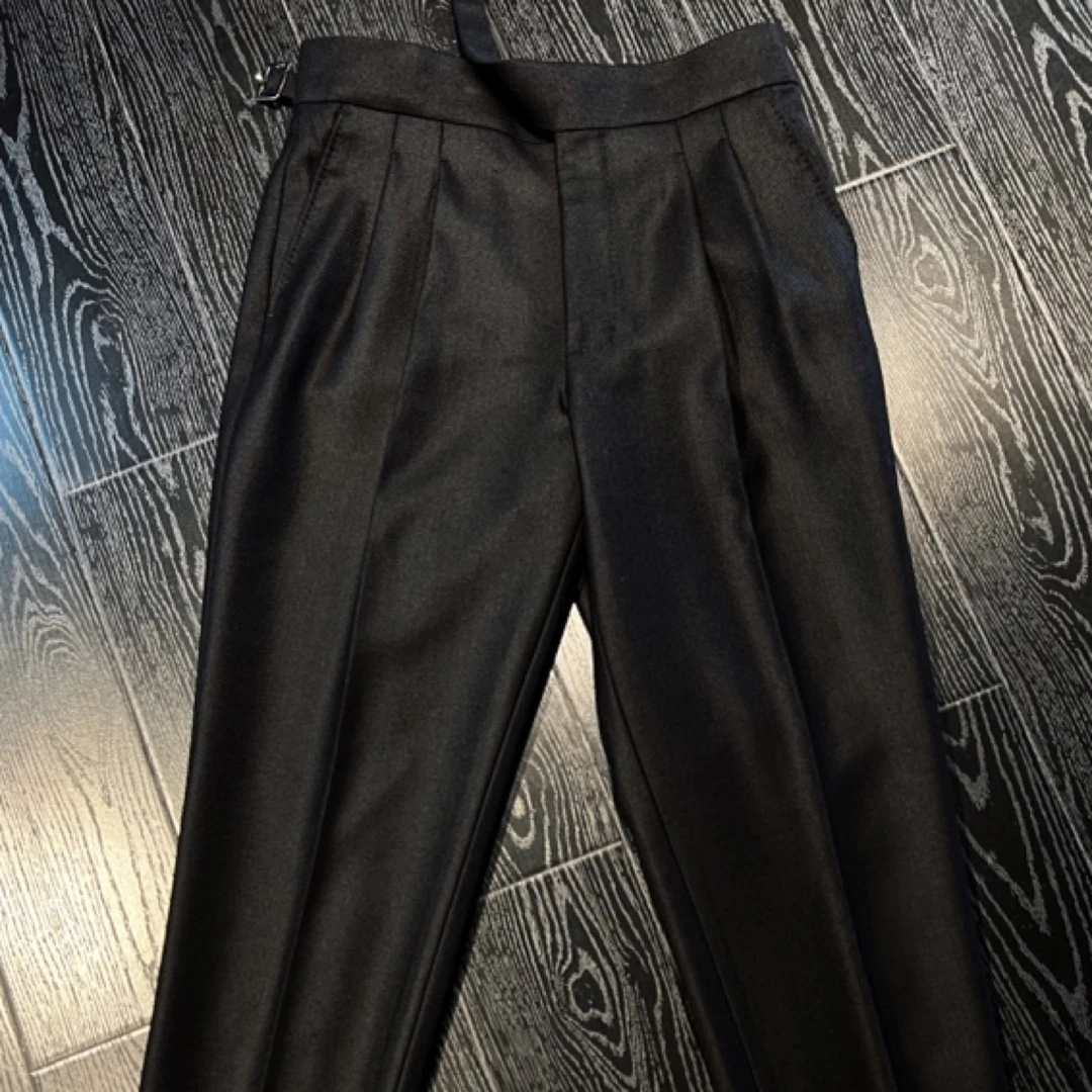 DRUNKCORNER 斜纹高腰廓尔格双褶九分西裤