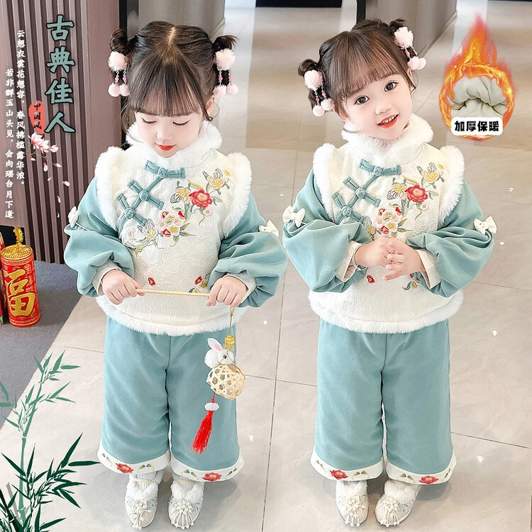 女童唐装加绒加厚套装汉服儿童中国风新年拜年服加绒周岁礼服女宝