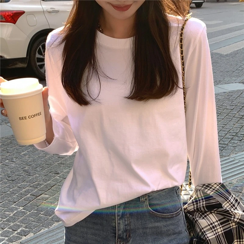白色简约内搭休闲纯棉长袖T恤女2025春季宽松基础款打底衫上衣