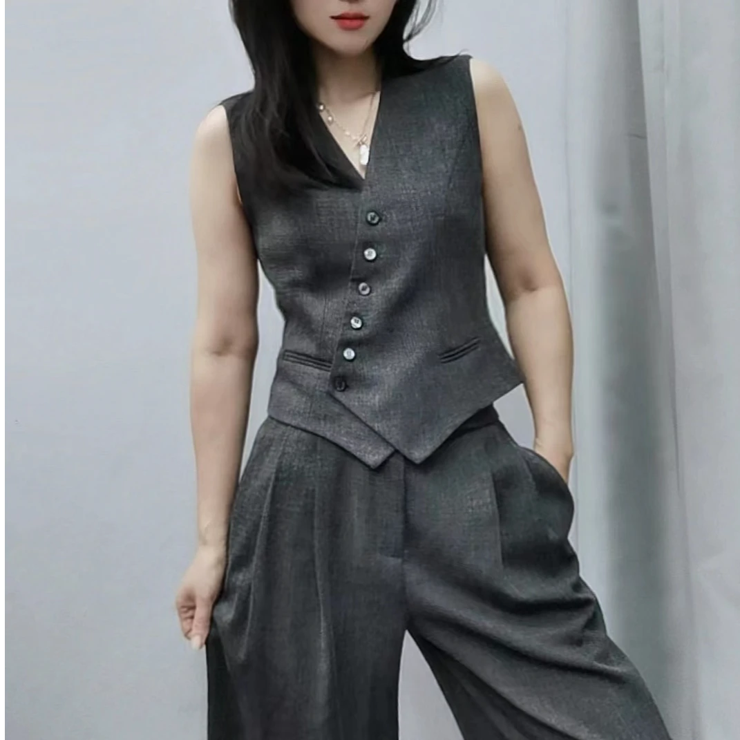 《谢小妹》小众设计早春气质时尚百搭显瘦无袖女士马甲阔腿裤套装