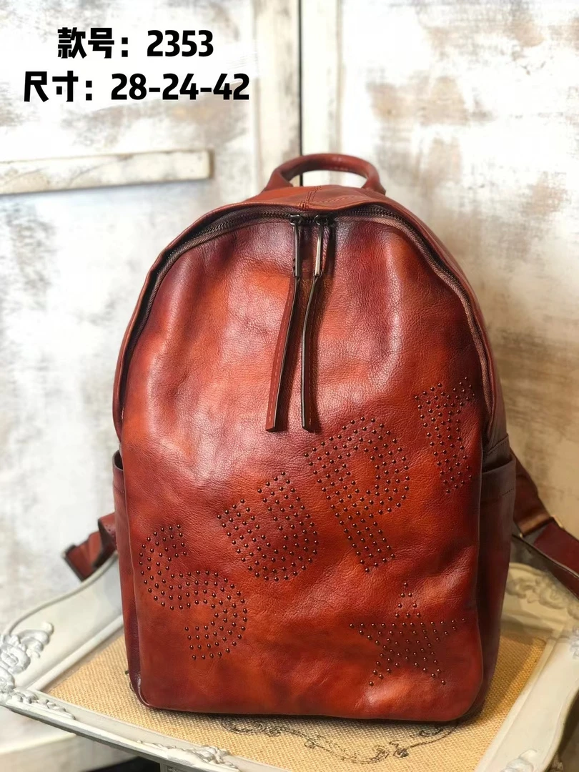 手工植鞣牛皮 个性独特高端 双肩包 复古檫色工艺 牛皮背包 中性