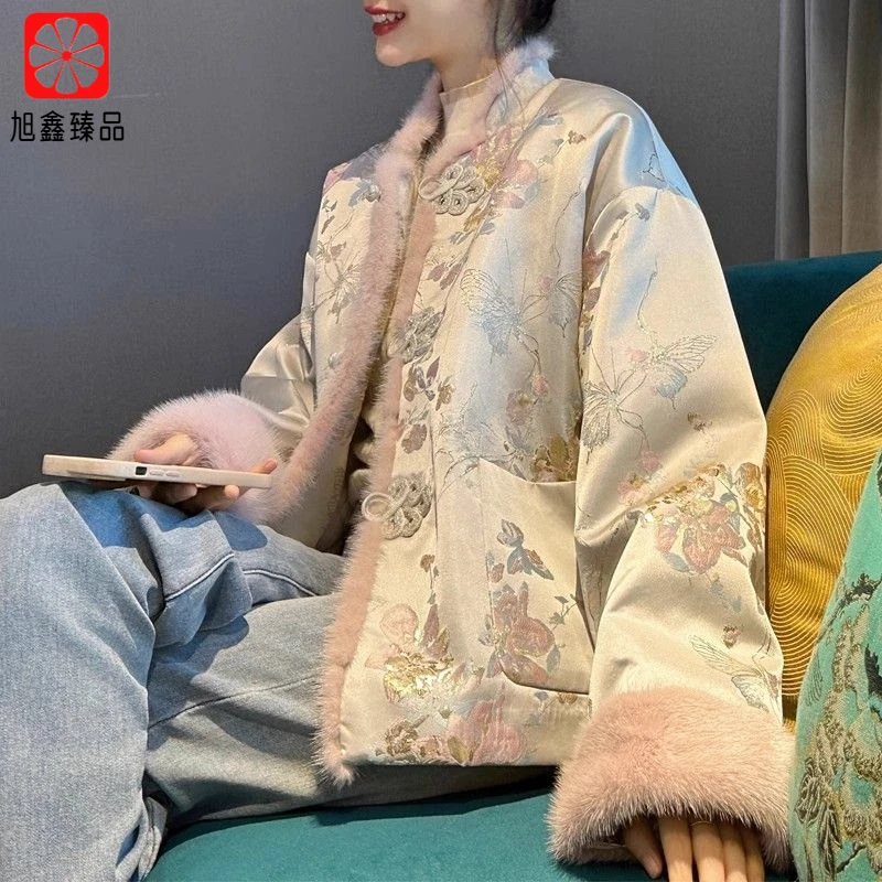 2024新款秋冬新中式复古国风缎面刺绣拼接水貂毛外套女高级感上衣