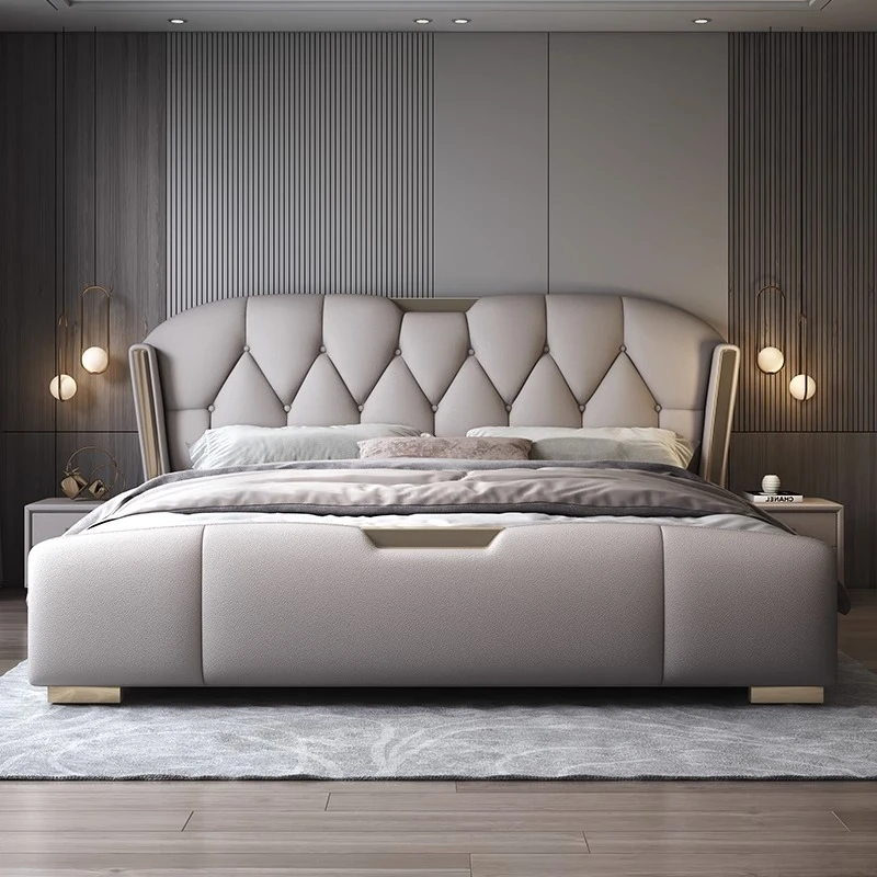 923#头层牛皮轻奢家用简约北欧意式储物主卧室主卧室极简大床高箱