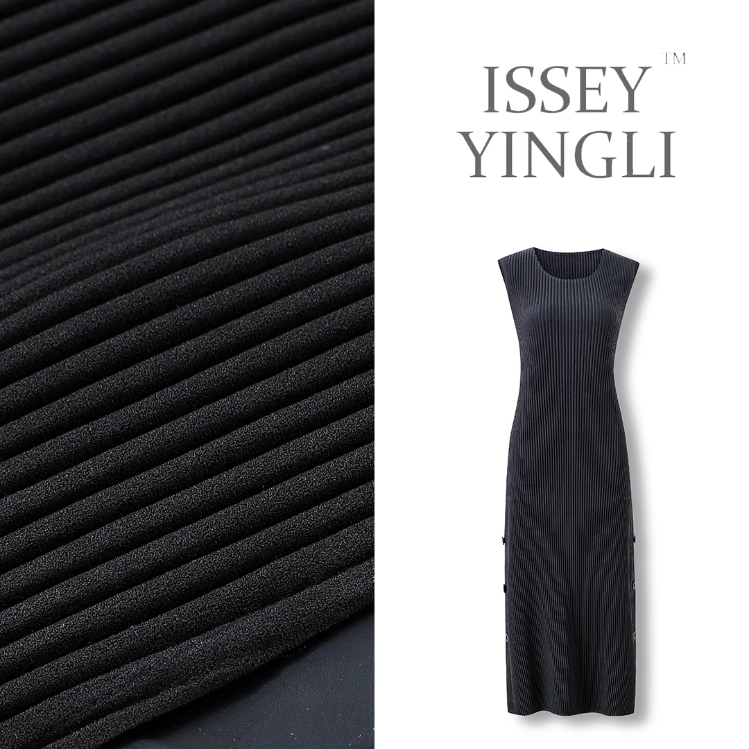 莉褶褶皱女装HP连衣裙气质双开叉扣子设计感无袖百搭连衣裙1006