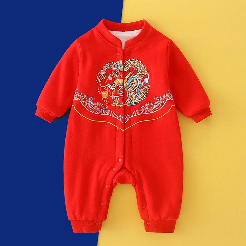 新款加绒哈衣秋冬婴儿宝宝爬服唐装拜年服百天生日抓周 9523