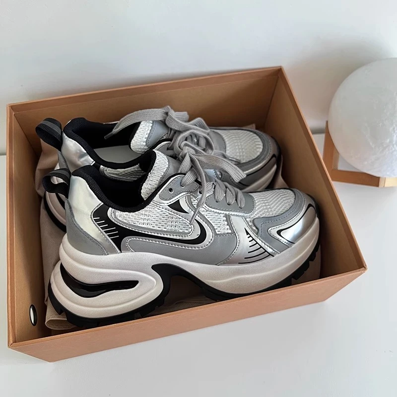 国潮品质露思同款银色厚底运动鞋2024春季新款网面系带老爹鞋休闲
