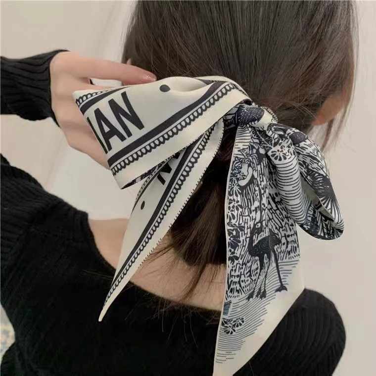 极简复古ins风法式高级感字母窄长丝巾温柔优雅百搭绑包发飘带女