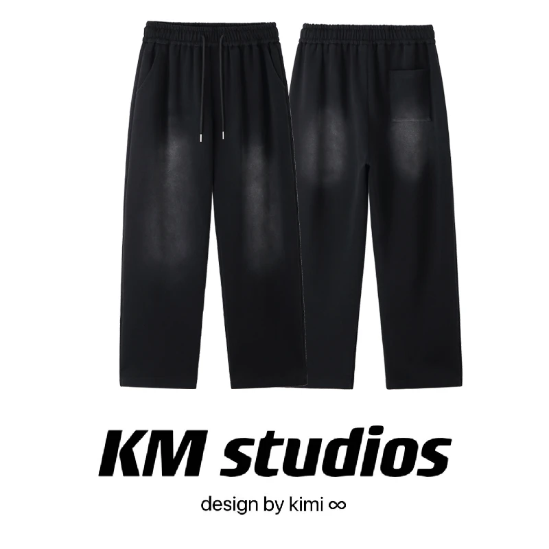 KM studios 做旧水洗渐变直筒宽松抽绳松紧腰百搭黑色潮流休闲裤