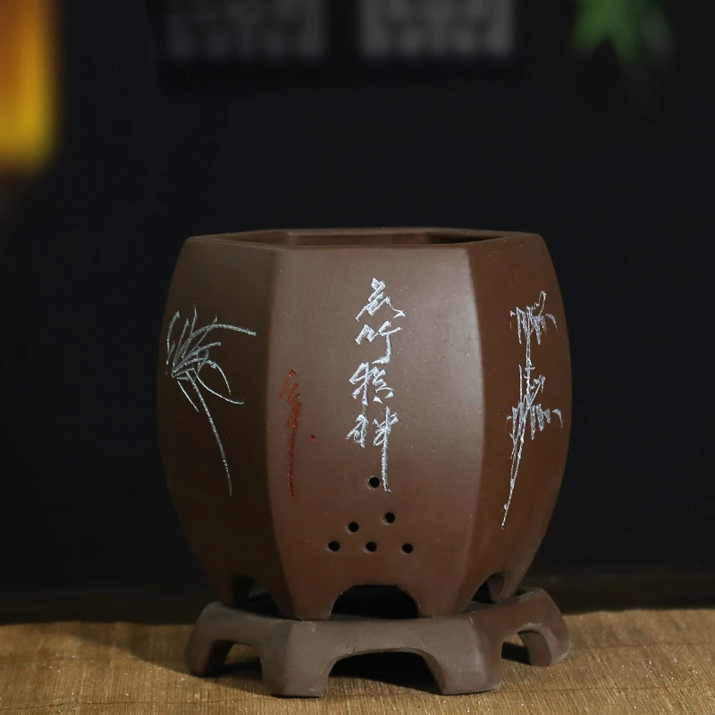 宜兴紫砂盆紫泥兰花四方花盆带底座兰花花盆桌面室内家用大号清仓