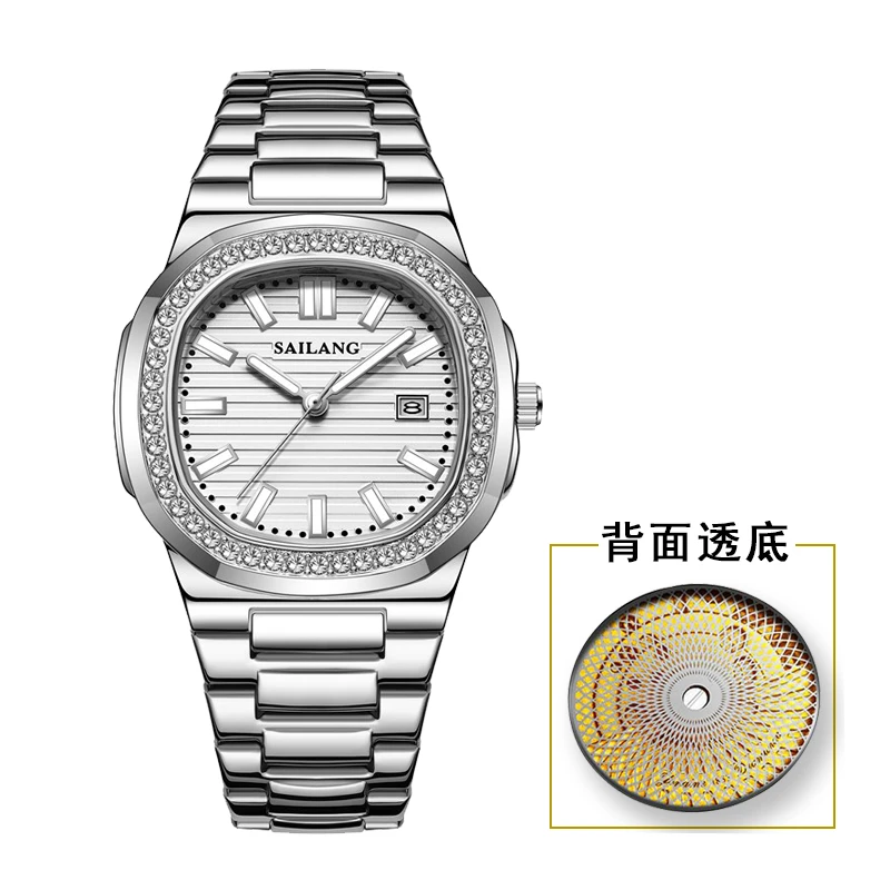 【云仓直发】鹦鹉罗款背透自动飞轮双机芯男士腕表6602白