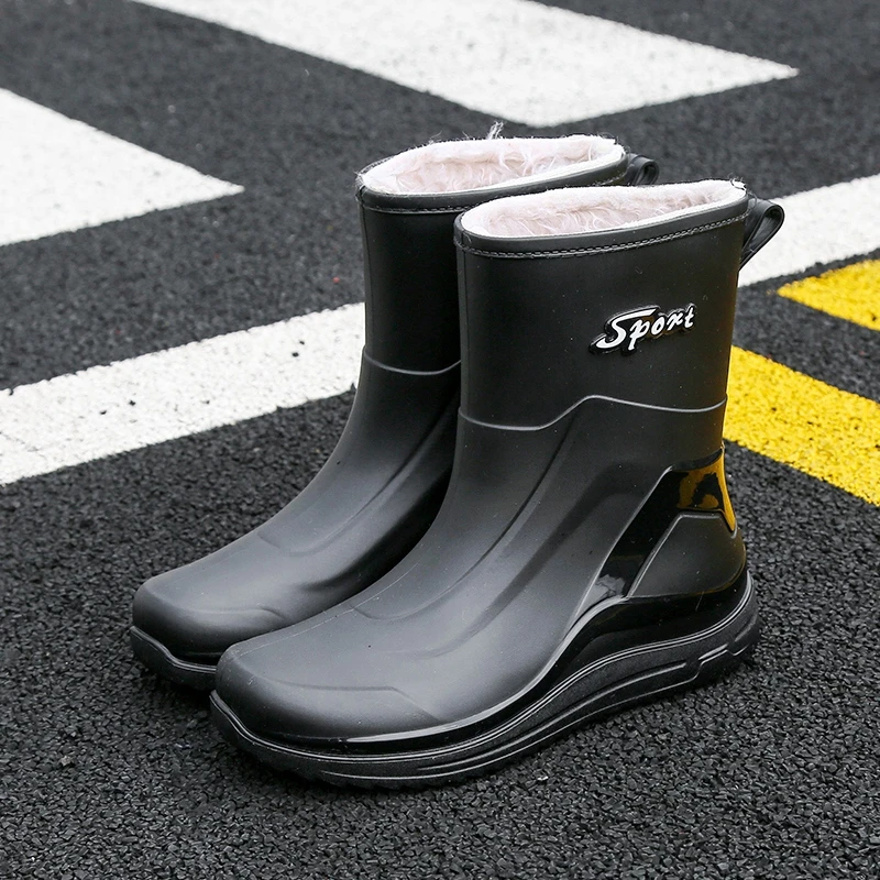 时尚款加绒保暖男士雨鞋四季外穿百搭雨靴一体绒防滑防水钓鱼胶鞋