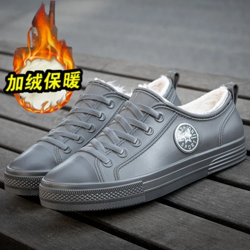 冬季加绒一体雨鞋男防滑耐磨低帮棉水鞋厚底胶鞋保暖厨房工作鞋女