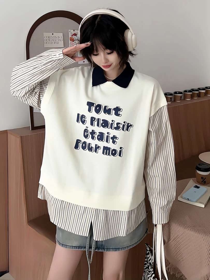 2024新款女大童假两件卫衣学院风POLO领百搭套头宽松时尚休闲上衣