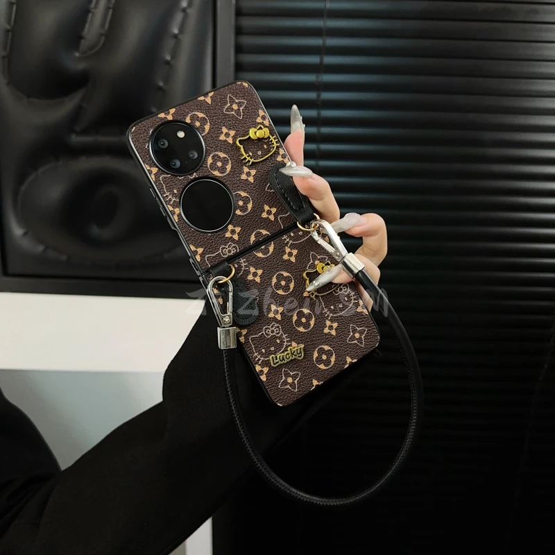 适用华为p50pocket手机壳新款pocket2套pockets轻奢皮纹KT猫女款p