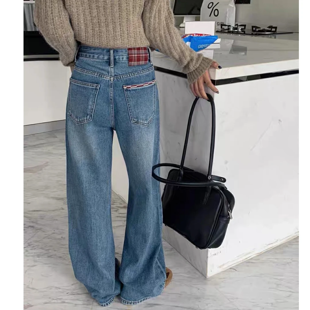 格子牛仔裤2024秋冬宽松质感蓝高腰窄版阔腿裤百搭拖地裤女裤子