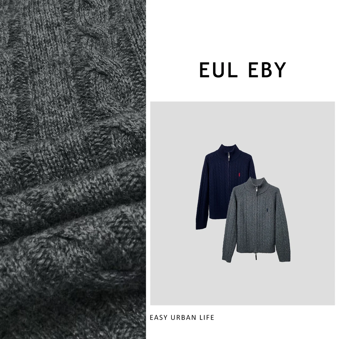 【EUL EBY】秋冬100羊毛加厚高领马标立领拉链麻花织针织衫241738#