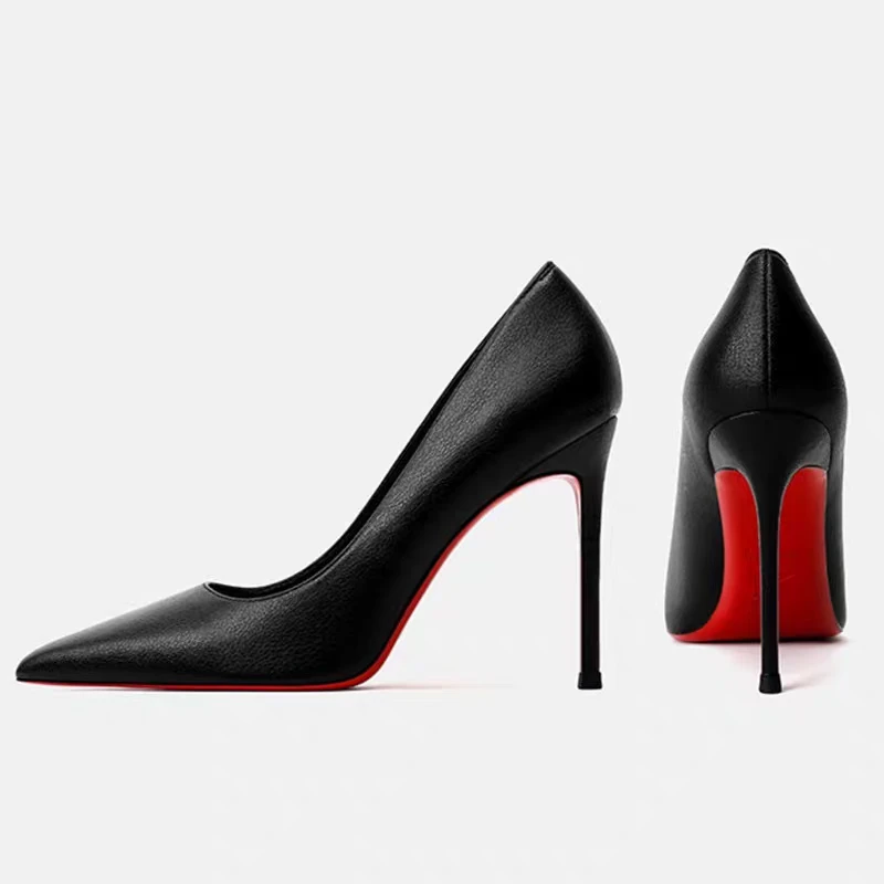 红底高跟鞋女细跟真皮2024年新款性感百搭尖头黑色工作鞋职业单鞋
