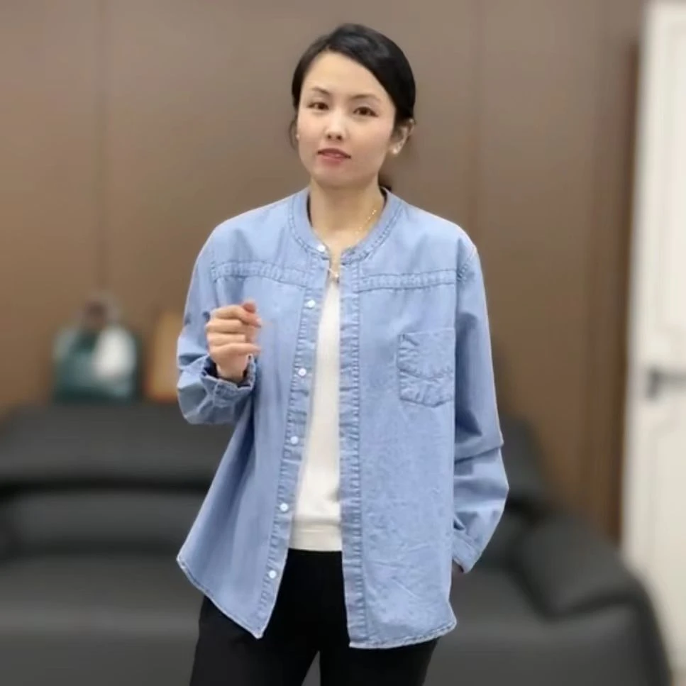 【xineba2】2024新款圆领牛仔上衣女士休闲时尚百搭洋气长袖