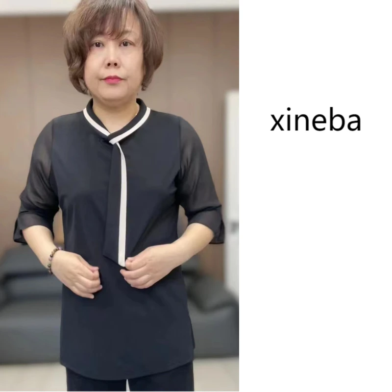 【xineba2】2024新款小领带中袖女士时尚洋气夏季上衣上档次