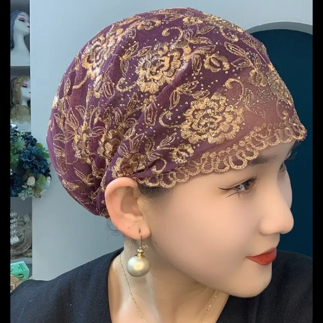 夏季新款薄款蕾丝帽包头帽玫瑰花刺绣头巾帽时尚遮白发碎发妈妈帽