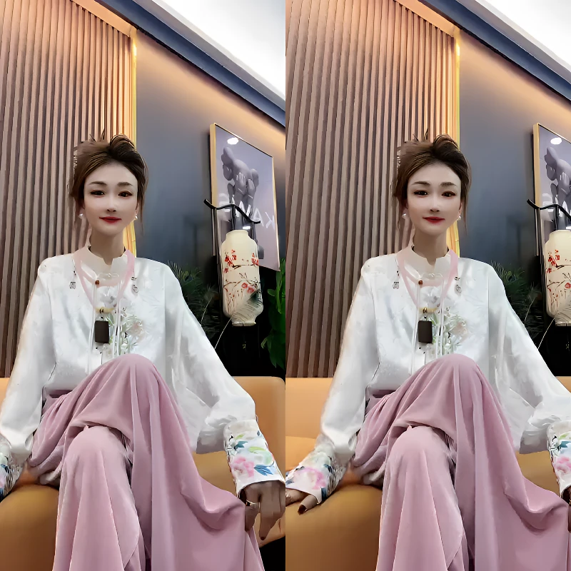 中式国风新款气质高级感重工刺绣复古衬衫提花宽松衬衣阔腿裤套装