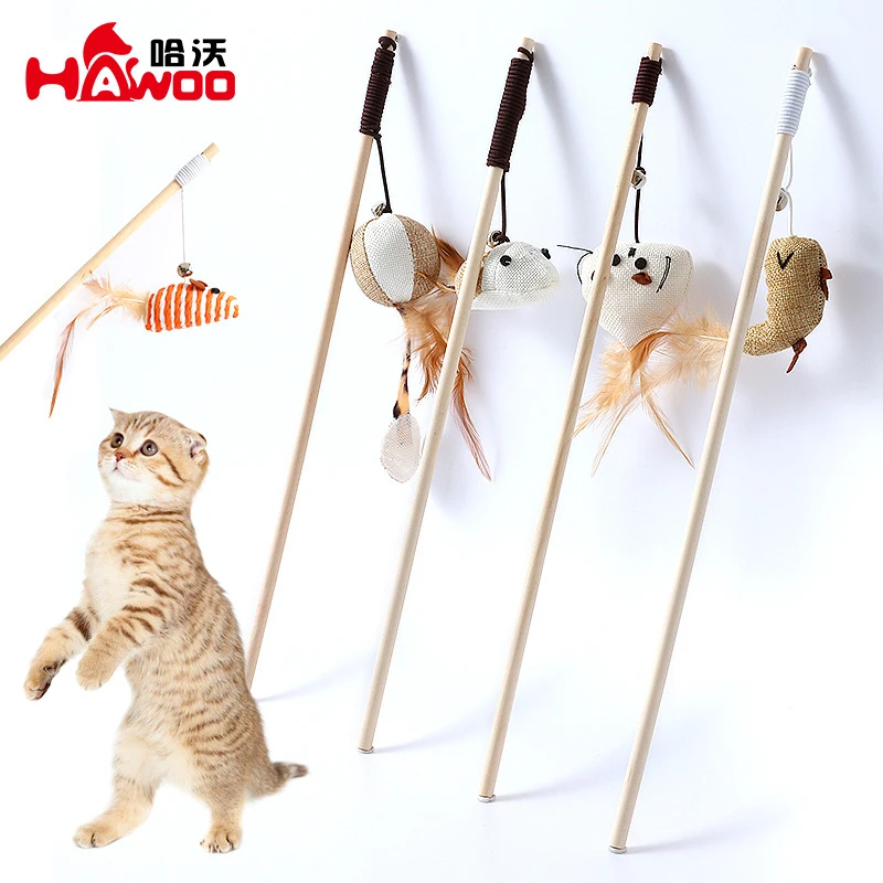 逗猫棒麻布实木木杆耐抓多色挂坠羽毛带铃铛木柄斗猫棒猫手工玩具