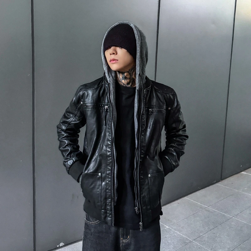 我叫得仔美式可脱卸连帽PU皮衣男骑士机车服夹克痞帅朋克加绒外套
