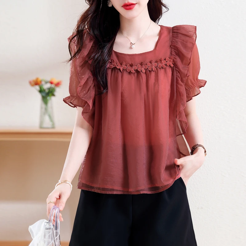 蕾丝花边拼接荷叶边雪纺衫女时尚夏季洋气减龄小衫宽松遮肚子上衣